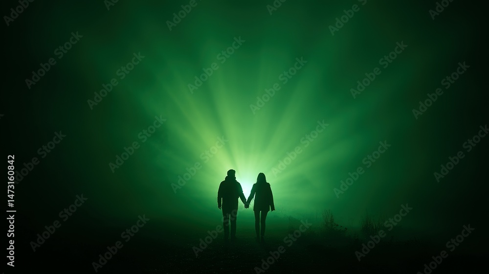 Fototapeta premium Silhouettes of two figures walking towards a bright green light.