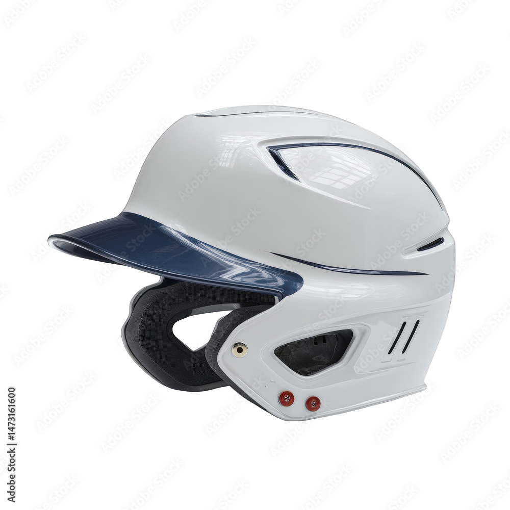 Fototapeta premium Protective white baseball batting helmet with navy blue accents gear game on transparent background