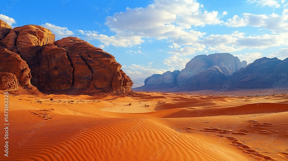 Naklejka premium Breathtaking desert landscape with majestic rock formations under a blue sky with clouds, capturing the serene beauty and vastness of the arid environment