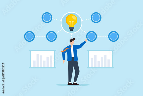 Flat illustration of businessman activating central hub of floating data chart to illuminate idea clarity and digital insight