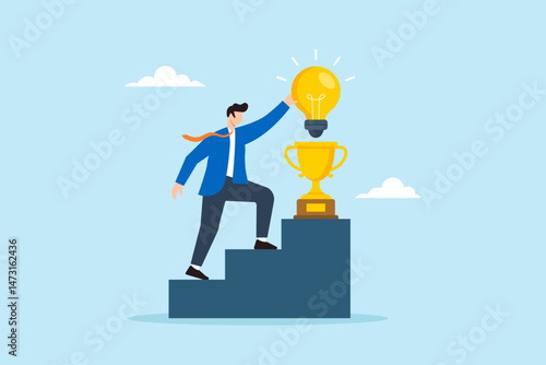 Flat illustration of businessman placing glowing lightbulb on golden trophy pedestal to celebrate successful innovative problem solving
