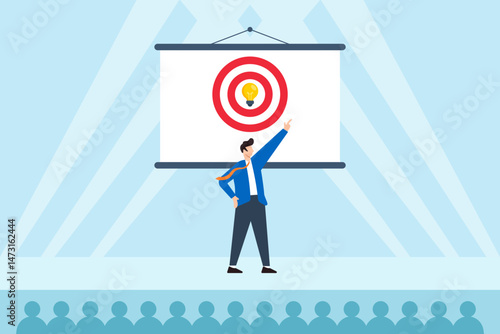 Flat illustration of businessman presenting target lightbulb on large stage screen to symbolize breakthrough idea and strategic vision