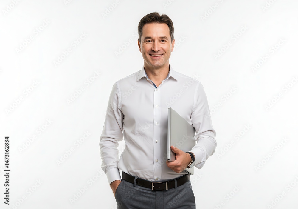 Fototapeta premium Smiling businessman holding laptop, standing against a white background in studio