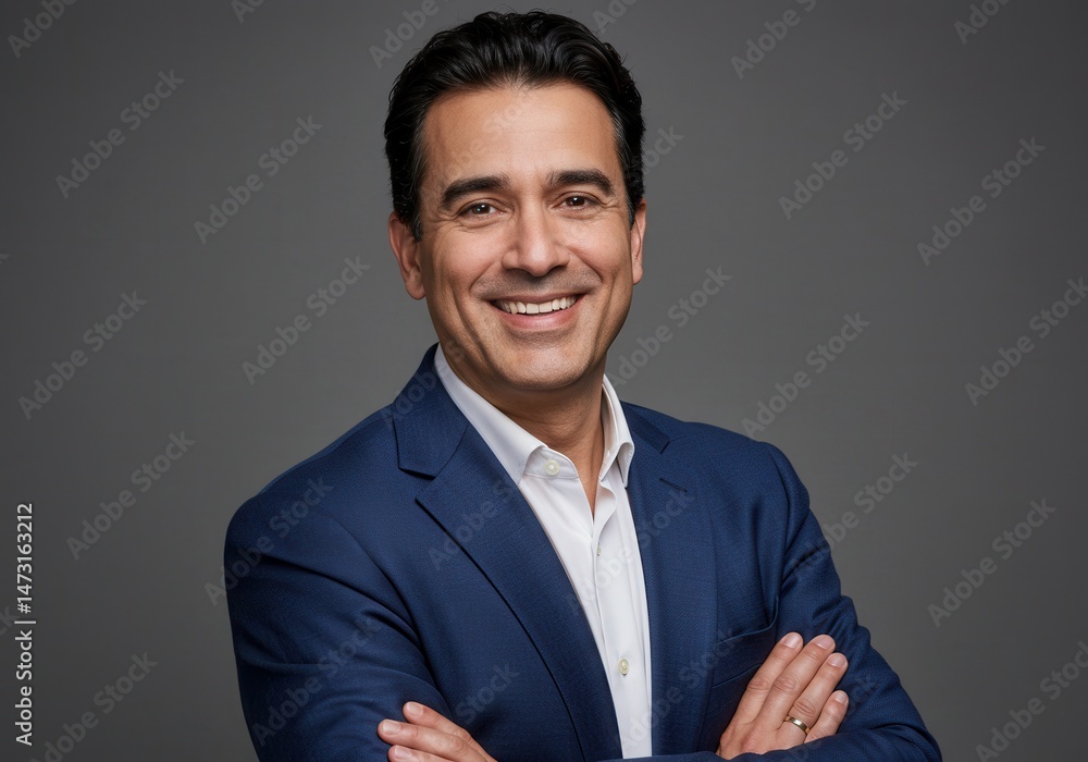 Smiling businessman in blue suit with arms crossed stands confidently against gray backdrop Smiling businessman in blue suit with arms crossed stands confidently against gray backdrop