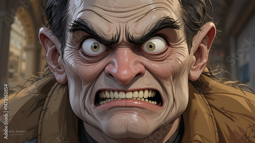Cartoon character of hideous man with weird expression
