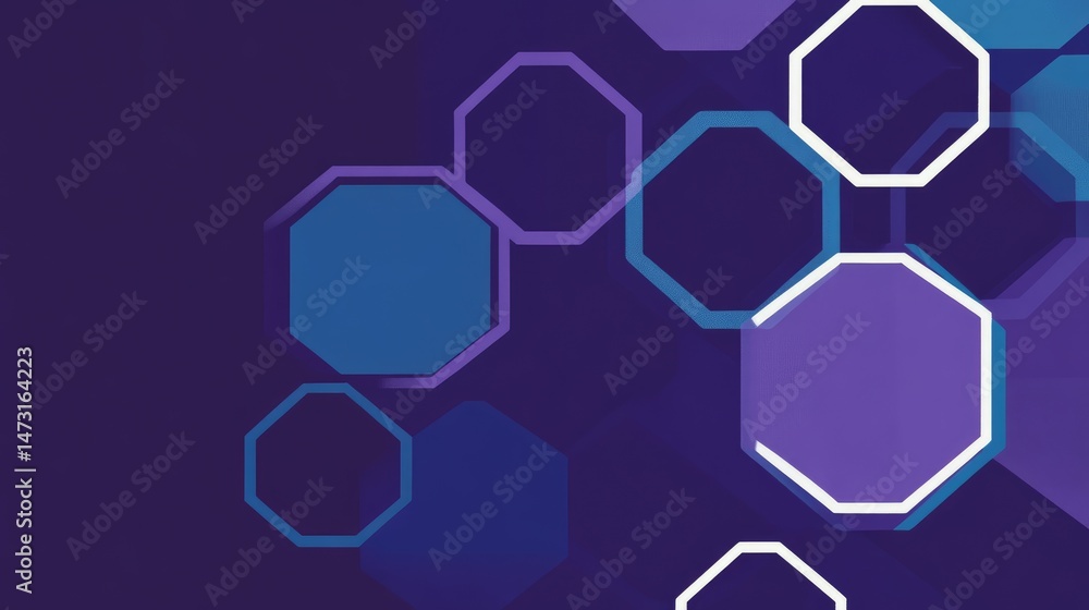 Geometric abstraction with hexagonal shapes and angular lines in a deep blue and purple color palette, evoking a futuristic aesthetic Geometric abstraction with hexagonal shapes and angular lines in a deep blue and purple color palette, evoking a futuristic aesthetic