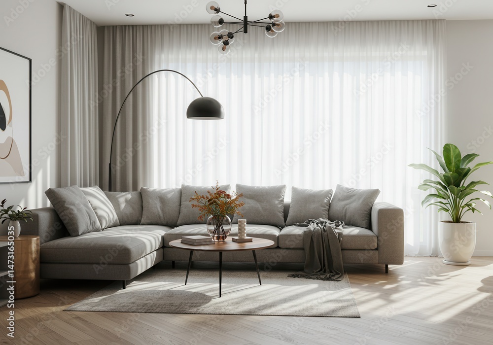 Fototapeta premium Contemporary living room with sectional sofa and natural light