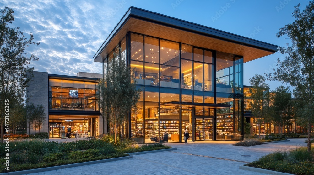 Obraz premium Modern Glass and Wood Building at Dusk