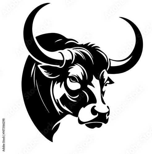 Bull’s Head with Large Curved Horns, Strong Neck Muscles, and Intense Facial Features. Power, Determination, Bull Market, Agriculture, Strength, and Animal Iconography
