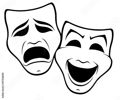 Two Classic Theater Masks, One with a Sad, Downturned Expression and the Other with a Happy, Uplifted Face. Drama, Performing Arts, Comedy and Tragedy, Emotional Expression and Stage Performance