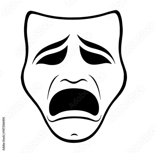 theatrical mask with a sorrowful expression, tragedy in classical drama. Iconic symbol of theater, performance art, emotional storytelling, and the dramatic arts.