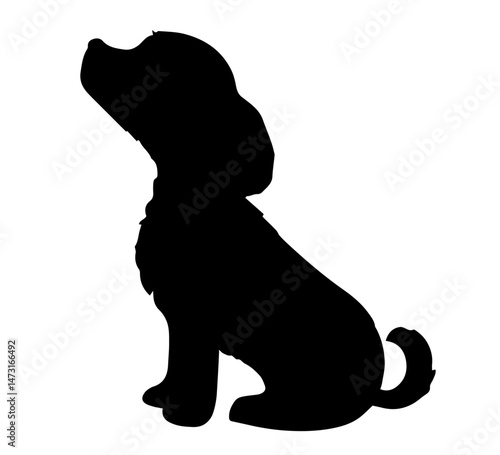 Black silhouette of a sitting dog looking upward. loyal pet, obedience, attention, or waiting. animal-themed designs, logos, pet care, or dog training visuals.