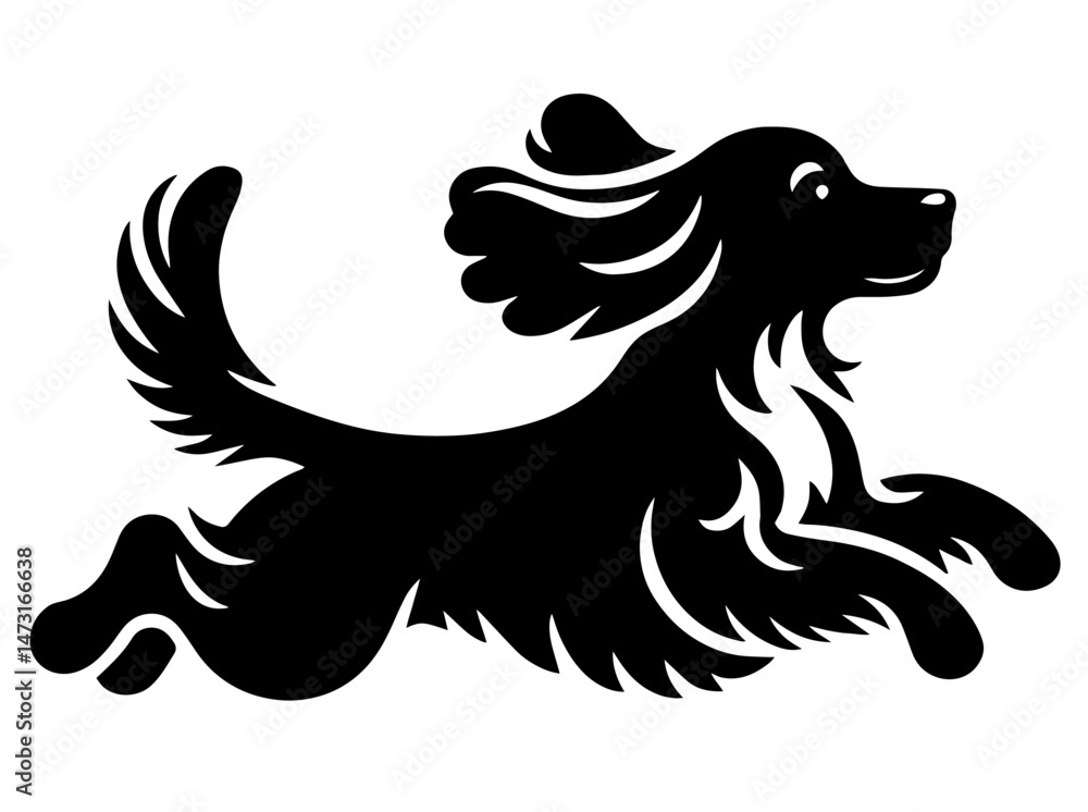 Fototapeta premium Black silhouette of a long-haired dog running joyfully with raised tail and flying ears. energetic pet, dog-themed designs, animal care