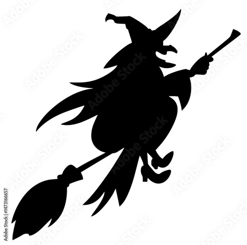 Silhouette of a witch in pointed hat flying on broomstick holding wand, Halloween, magical fantasy

