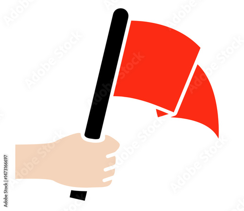 Human Hand Holding a Red Flag on a Black Pole, Relay Baton Exchange, Teamwork, Sports Event, Leadership Transition or Caution Signal. UI, Presentation or Competition Themes