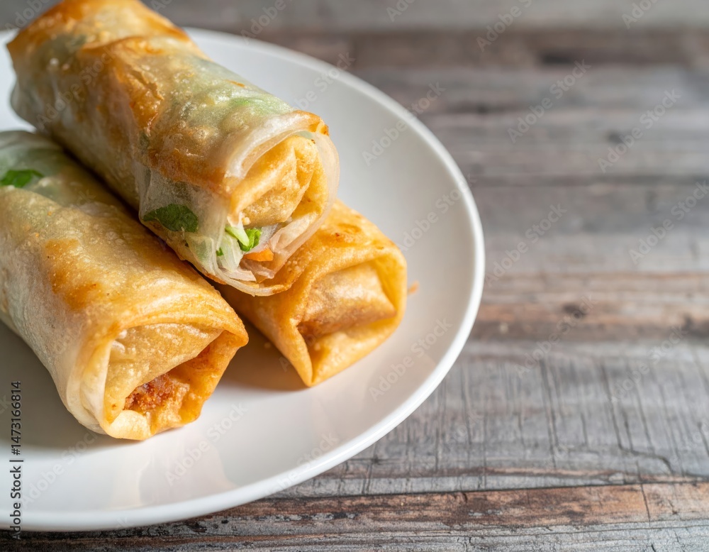 Delicious Spring Rolls on Plate with Wooden Background Delicious Spring Rolls on Plate with Wooden Background