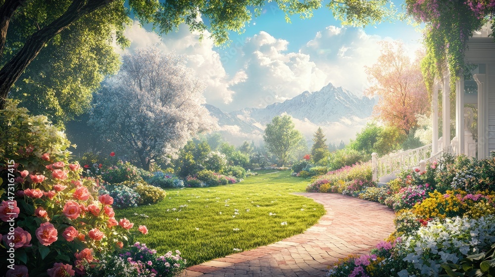 Obraz premium Home landscape with brick path, manicured lawn, and flowering perennials in full bloom under sunny sky