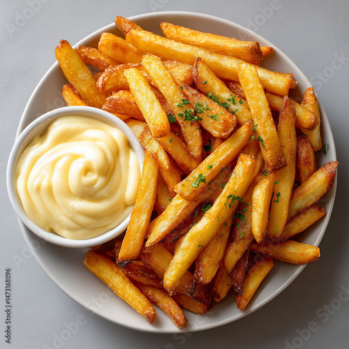 Golden french fries with creamy sauce in a white bowl, presented on a gray background