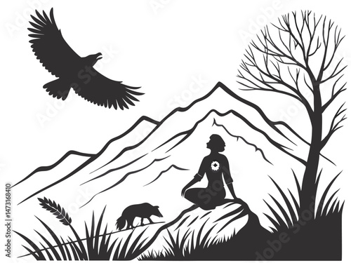 Tribal Chakra Meditation Silhouette with Spirit Animals – Eagle, Wolf & Bear