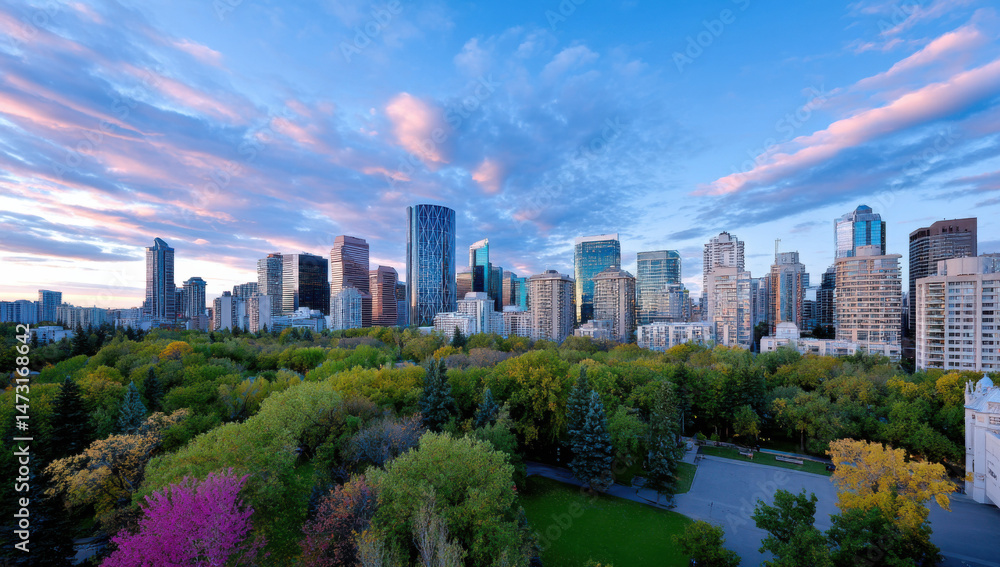 Obraz premium Calgary skyline at sunset, showcasing modern architecture amidst lush autumnal parkland. The vibrant colors of the sky and foliage create a stunning urban landscape. : Generative AI