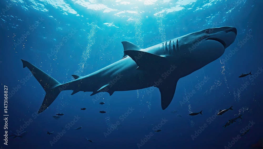 Fototapeta premium Majestic great white shark in deep blue ocean depths.