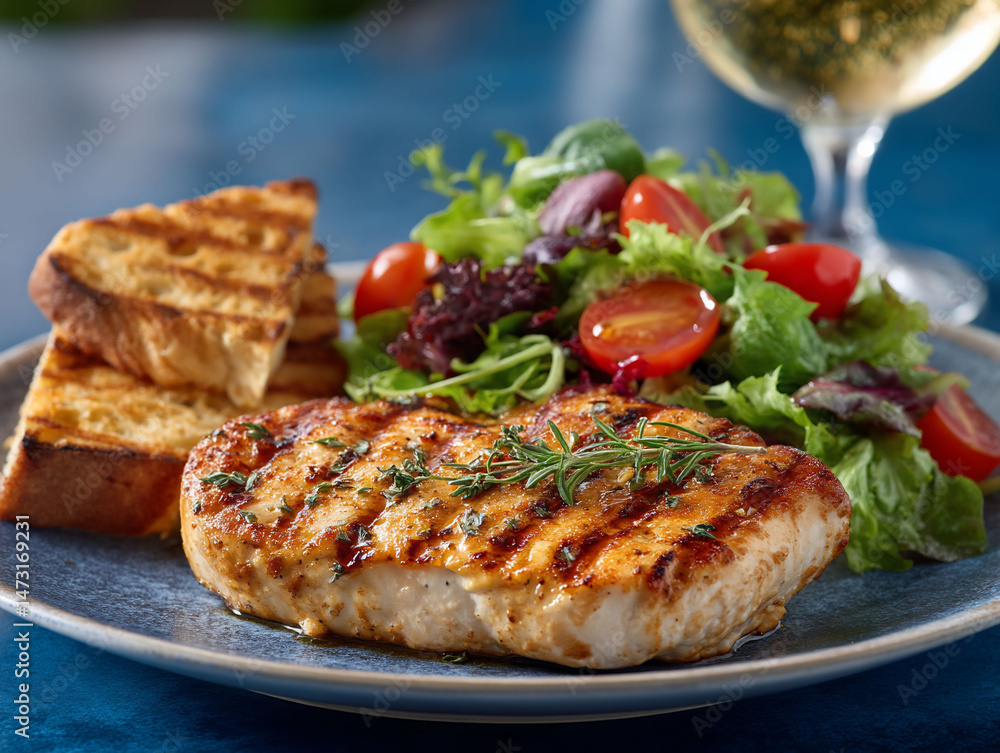 Grilled chicken breast on a plate, accompanied by salad, toast, and white wine Grilled chicken breast on a plate, accompanied by salad, toast, and white wine