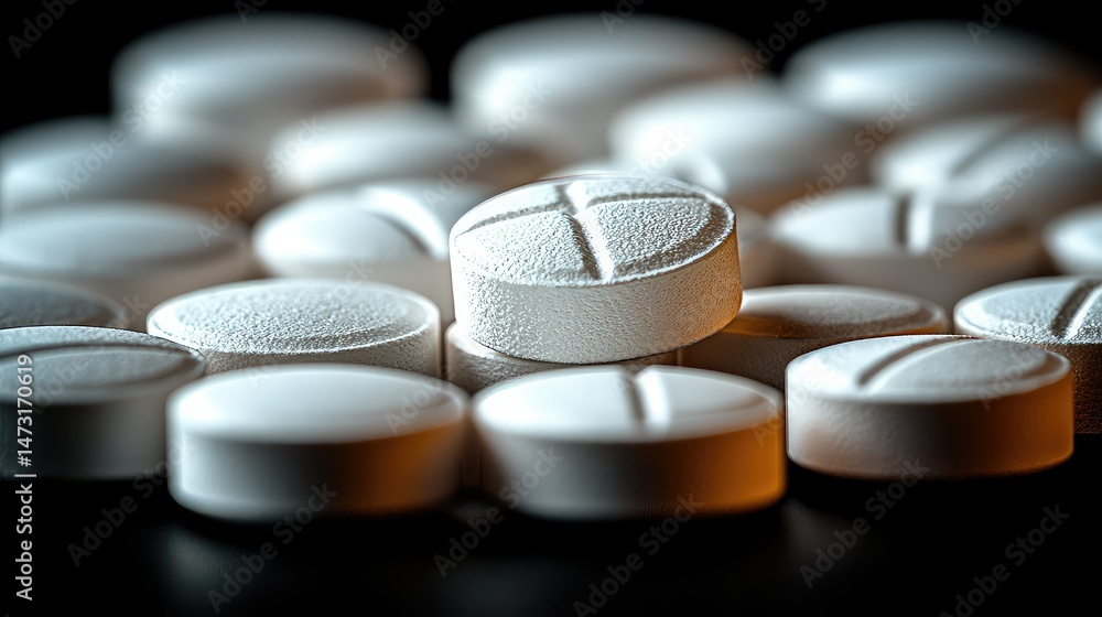 Close-up view of multiple round white medicinal tablets. Close-up view of multiple round white medicinal tablets.