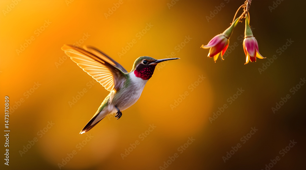 Naklejka premium Grace in the Air: Hummingbird in Warm Light