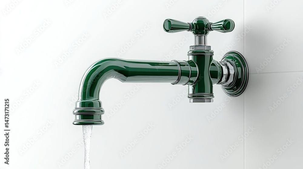 Outdoor garden faucet with a green handle for water supply. Outdoor garden faucet with a green handle for water supply.