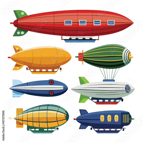 Six classic zeppelin transport isolated on white background