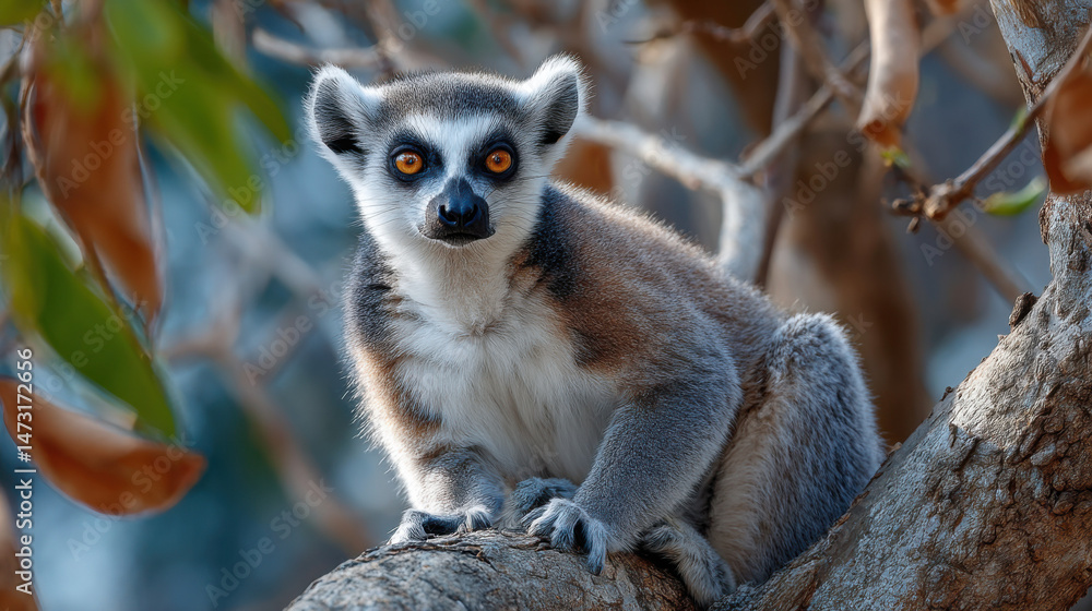 Obraz premium A ring-tailed lemur sits perched on a tree branch, its orange eyes captivating against the blurred background of leaves and branches, sunlight illuminating its fur. : Generative AI