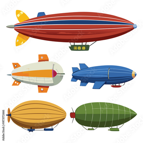Six classic zeppelin transport isolated on white background