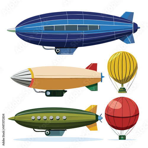 Six classic zeppelin transport isolated on white background