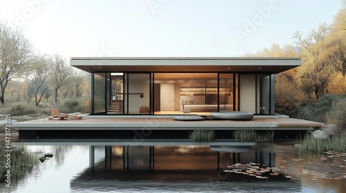 Modern Minimalist House by a Pond Autumn Foliage