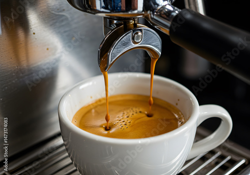 Espresso pouring into white cup