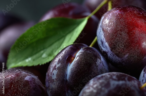 Fresh purple plums with water droplets and green leaf, close-up view of ripe fruit, healthy food, natural agriculture, farm produce, seasonal harvest
