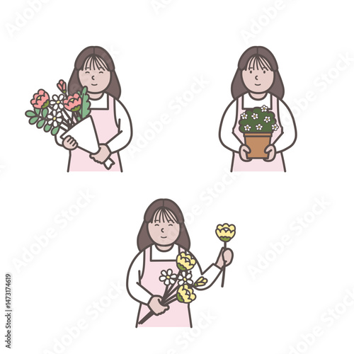 花屋の女性店員の上半身イラストセット