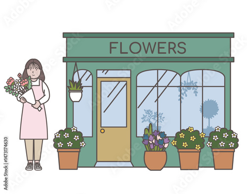 花屋と女性店員のイラスト