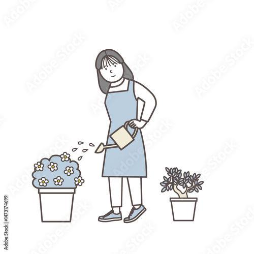 植物に水をあげる花屋の女性店員のイラスト