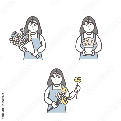 花屋の女性店員の上半身イラストセット