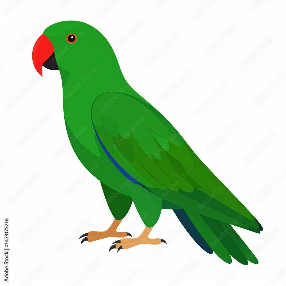 Fototapeta premium Bright Green Parrot with Red Beak and Blue Accents