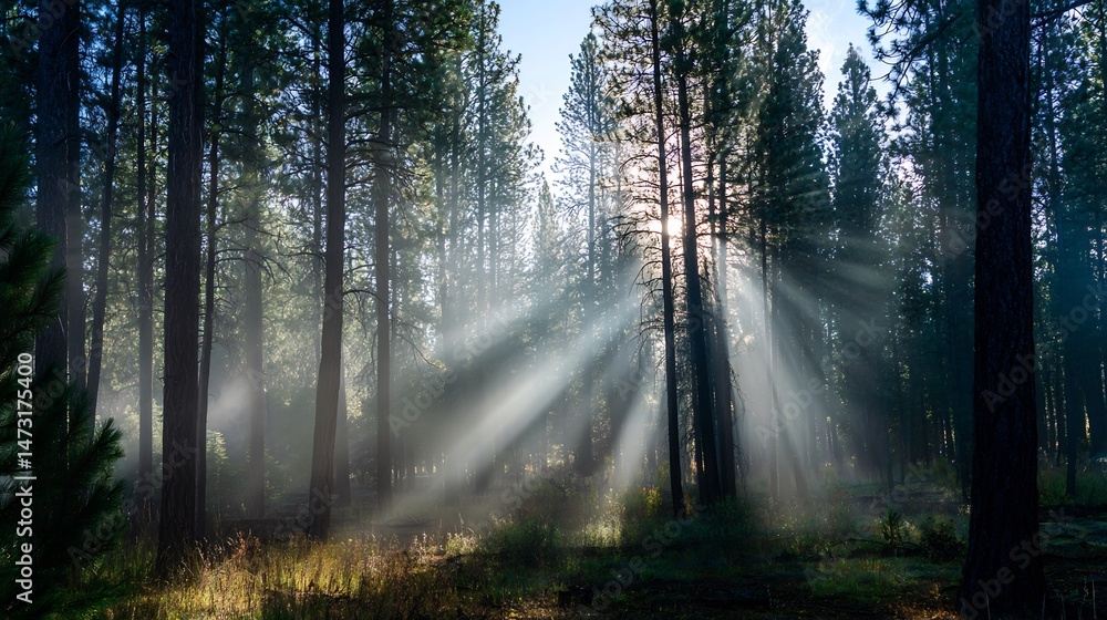 Obraz premium Sunlit fog drifting through forest of tall pine trees soft beams of light highlighting mist and creating an atmosphere of quiet solitude and natural beauty cut out on isolated transparent background