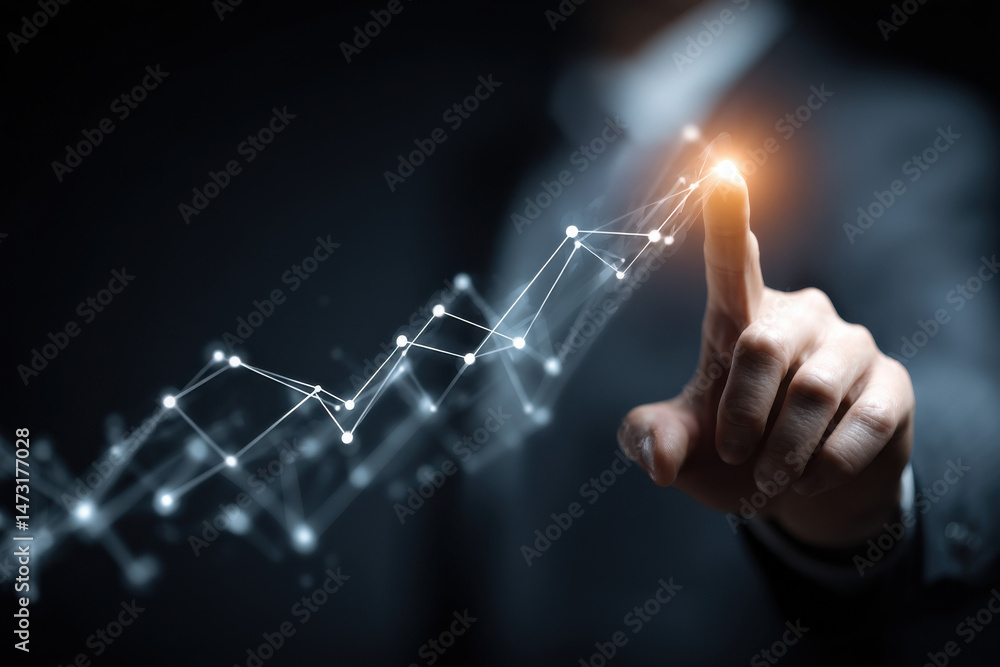 Fototapeta premium Businessperson's finger interacts with a glowing upward trending graph, symbolizing growth, progress, and success in a dark background. : Generative AI