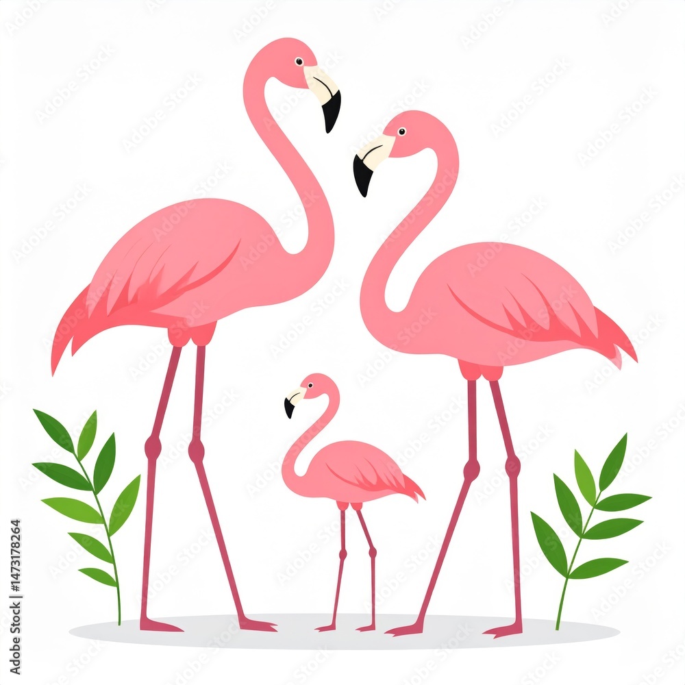 Fototapeta premium Family of Three Beautiful Pink Flamingos in Nature