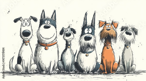 Six cartoon dogs of various breeds sit side by side, each displaying unique expressions and personalities, creating a whimsical and charming scene. : Generative AI