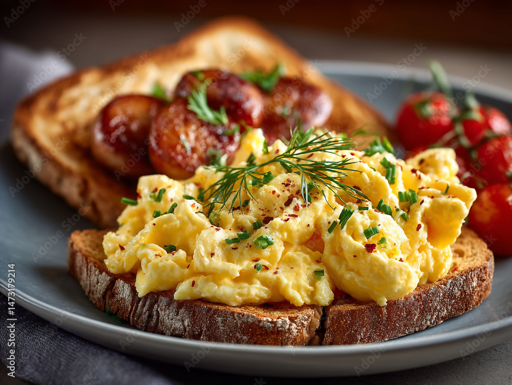 Fototapeta premium Scrambled eggs with sausage, toast and cherry tomatoes, parsley, dill, pepper