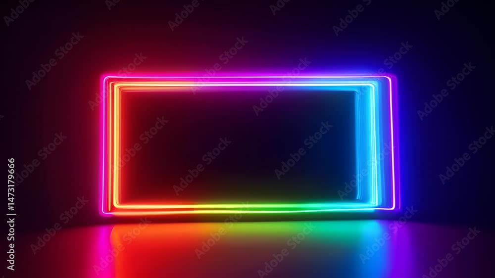 A futuristic glowing neon rectangular frame with bright colors pulsating slowly on a deep black background, seamless looping animation with space for text. A futuristic glowing neon rectangular frame with bright colors pulsating slowly on a deep black background, seamless looping animation with space for text.