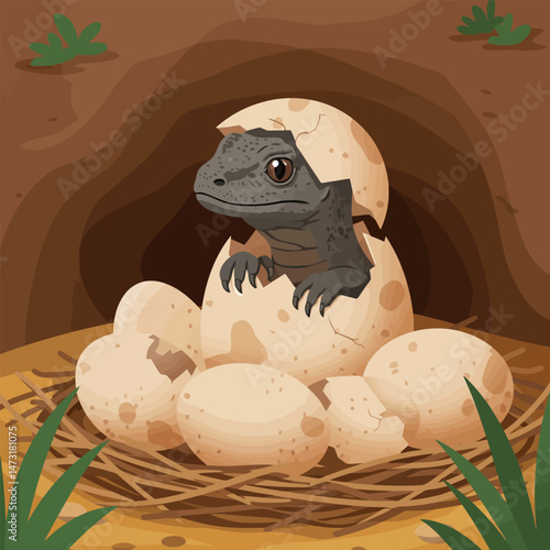 Hatching Reptile Emerging From Egg Surrounded by Nest and Eggs