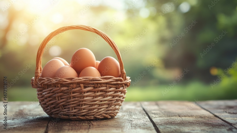 Farm-fresh eggs in a basket on a rustic wooden surface, soft-focus field in the background Farm-fresh eggs in a basket on a rustic wooden surface, soft-focus field in the background