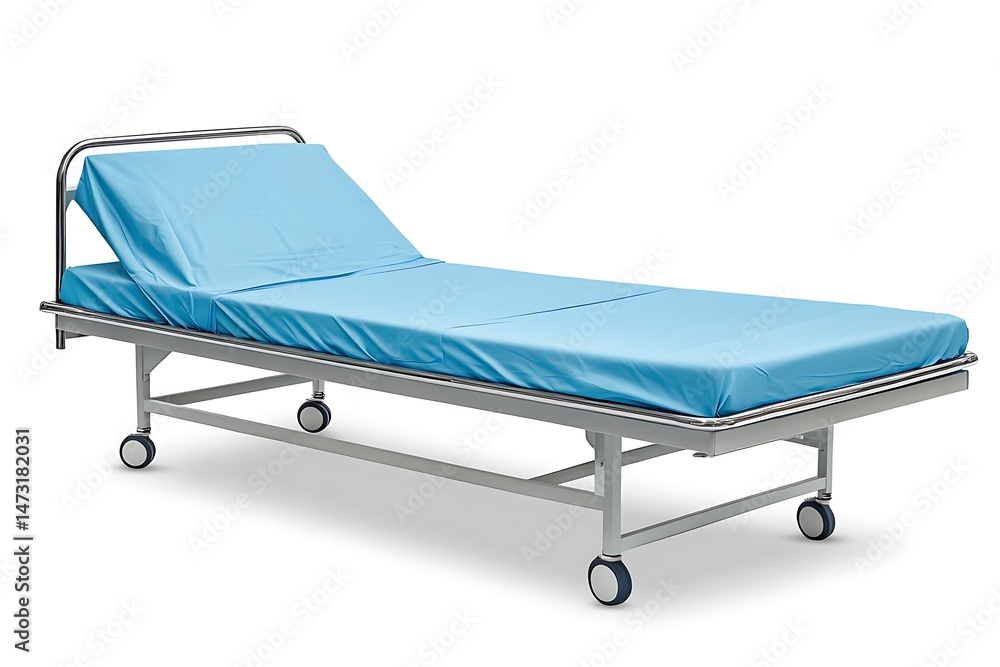 Hospital stretcher with blue sheet, metal frame, wheeled, emergency medical service Hospital stretcher with blue sheet, metal frame, wheeled, emergency medical service